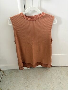 Sleeveless Ribbed Tank with Mesh Hem Top in Dusty Rose